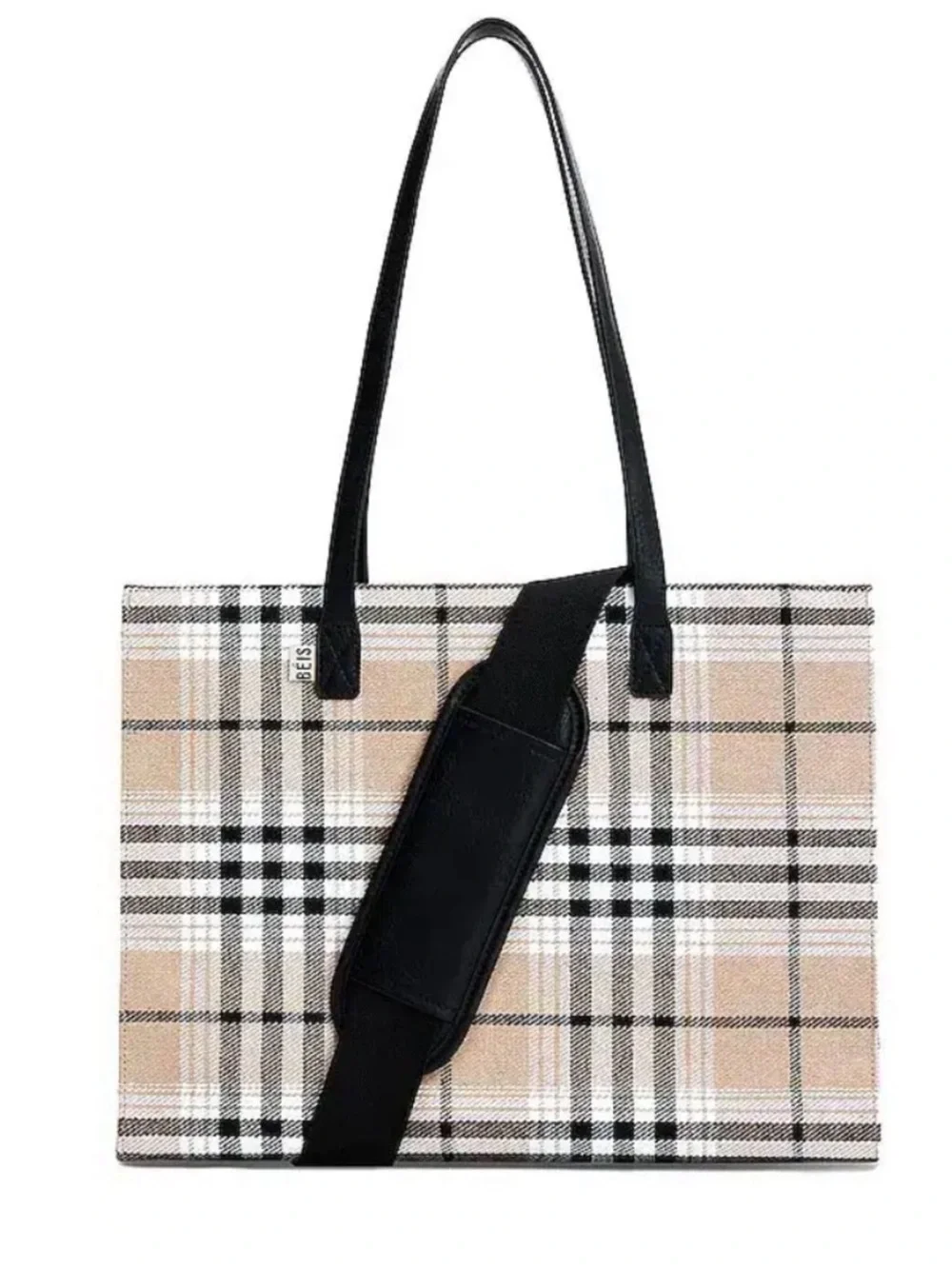 BEIS Plaid Tote with Black Leather Straps